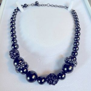 Classic Alexis Bittar Necklace Black Lucite & Faux Pearl w/ Crystal CZs 18 in
